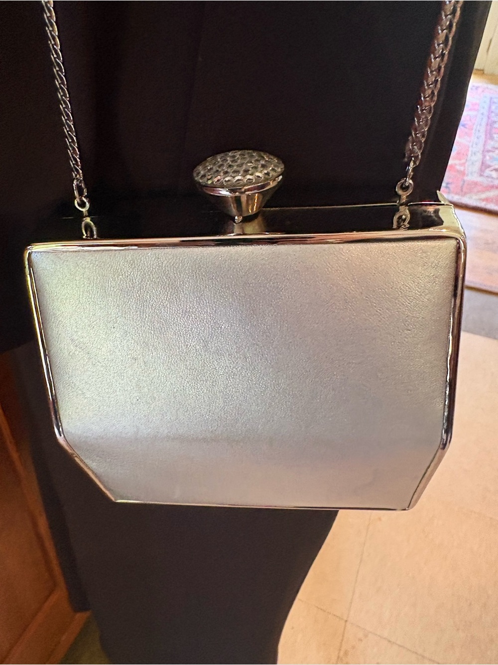 Silver Leather Metallic Structured Evening Clutch Chain Strap Rhinestone Clasp